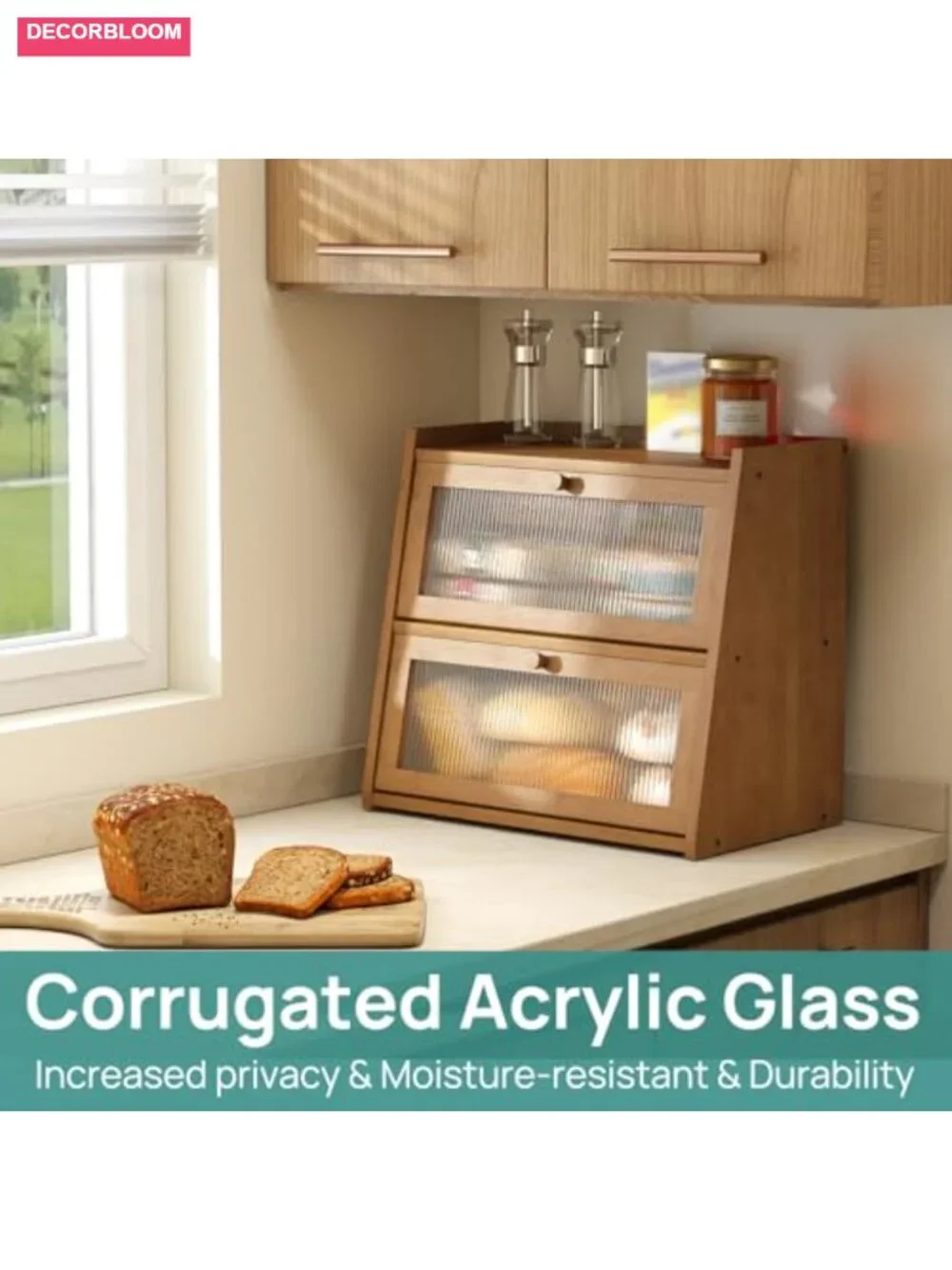 Extra Large Double Layer Bamboo Bread Box with Acrylic Wavy Door